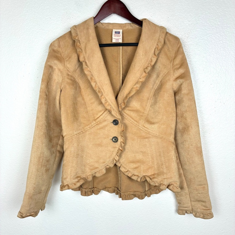 Vintage Y2K 90s Blazer Sz S Suede Academia Cottage Peplum Minimalist Boho Brown